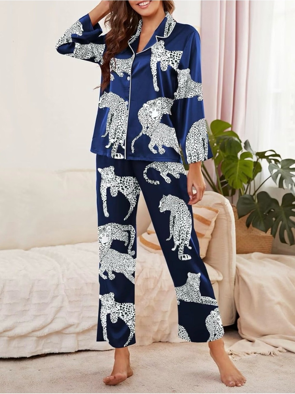 Navy Leopard Print Satin Pajama Set - Women L run small